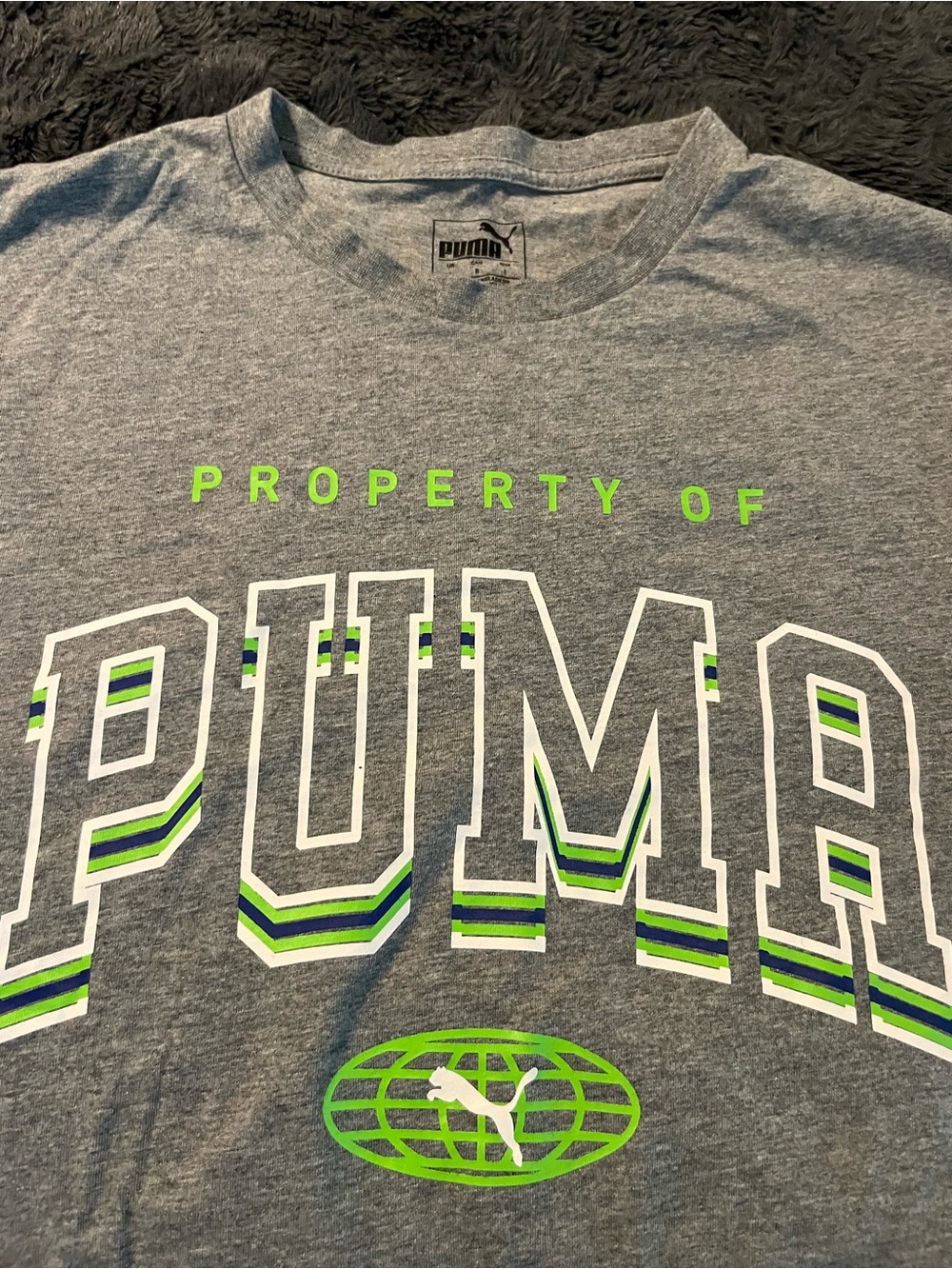 Puma Gray Tee with Neon Green and Navy Lettering